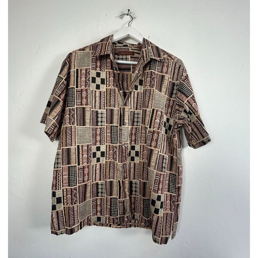 Tori Richard Mens Abstract Button-Up Cotton Lawn Hawaiian Shirt Large Brown